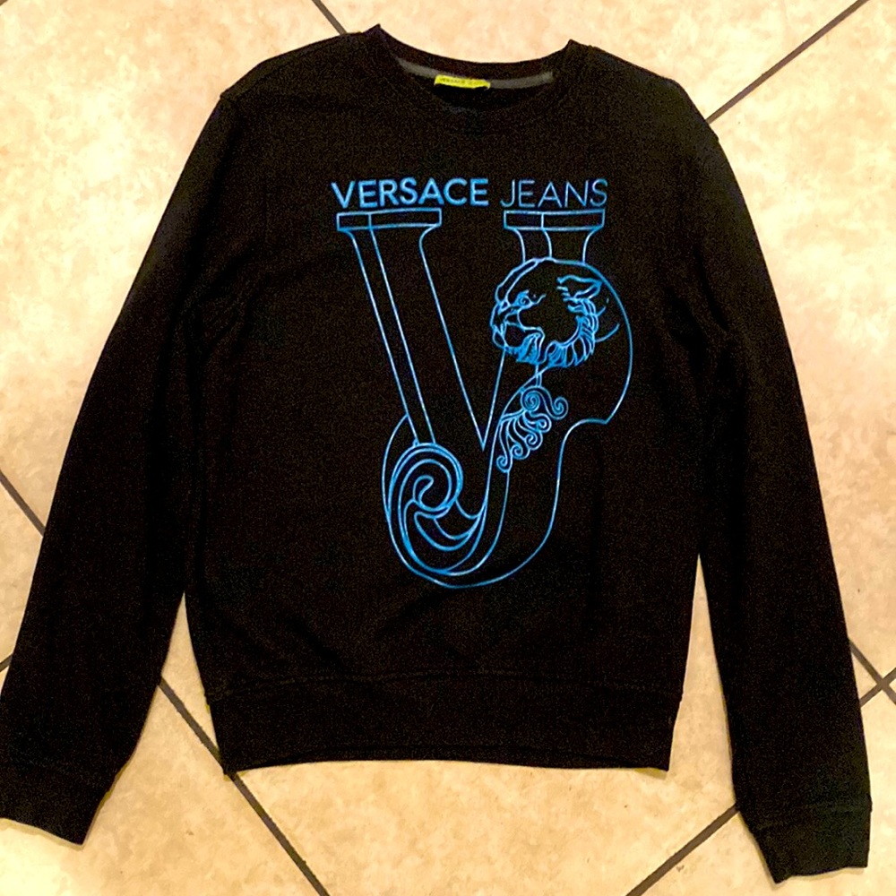 Versace Jeans sweater on sale size m all black with bright blue logo.
